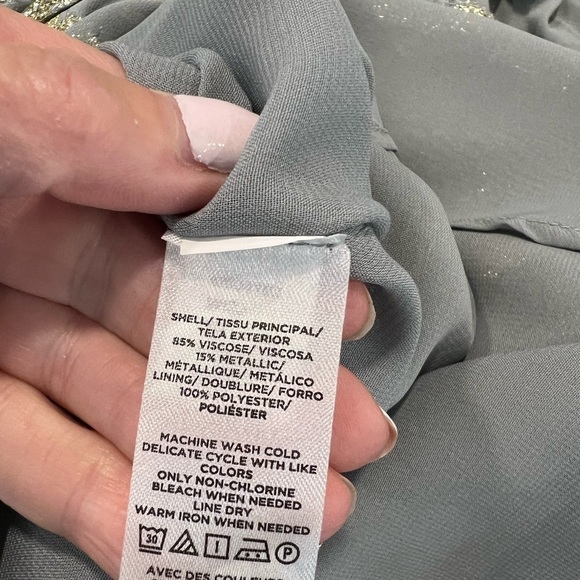 LOFT blue gray chiffon short sleeve blouse with gold stars - Picture 8 of 14